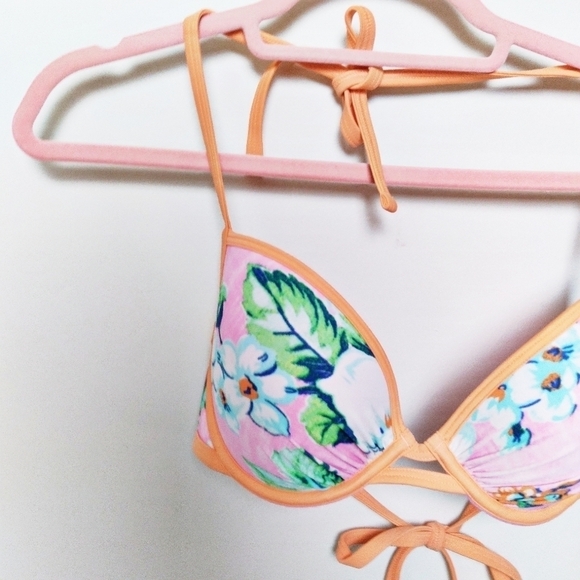 aerie Brooke Pink and Orange Tropical Print Push Up Halter Bikini Top Size 34D - Picture 3 of 8